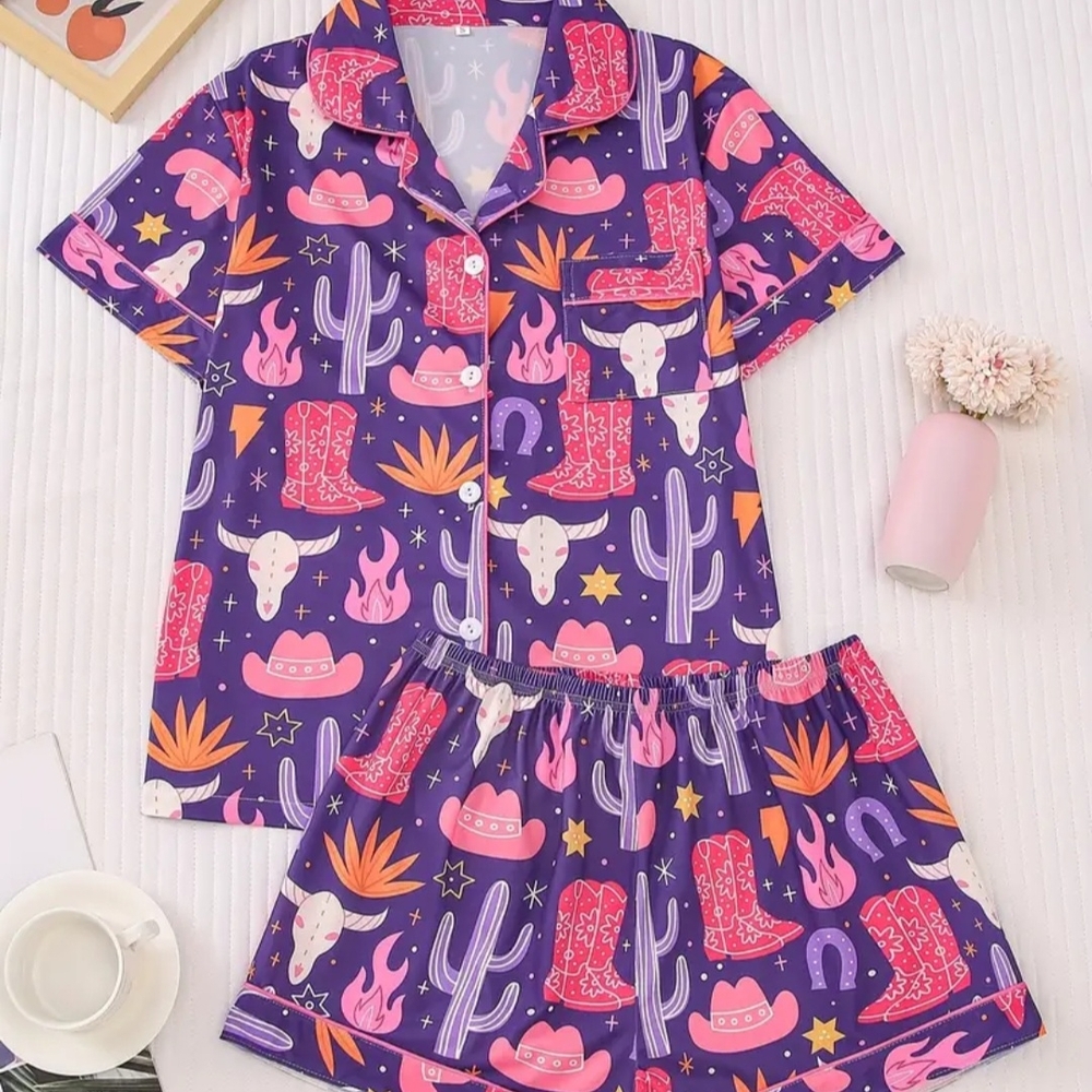 Purple Cactus Print Women's Pajama Set - Picture 4 of 5